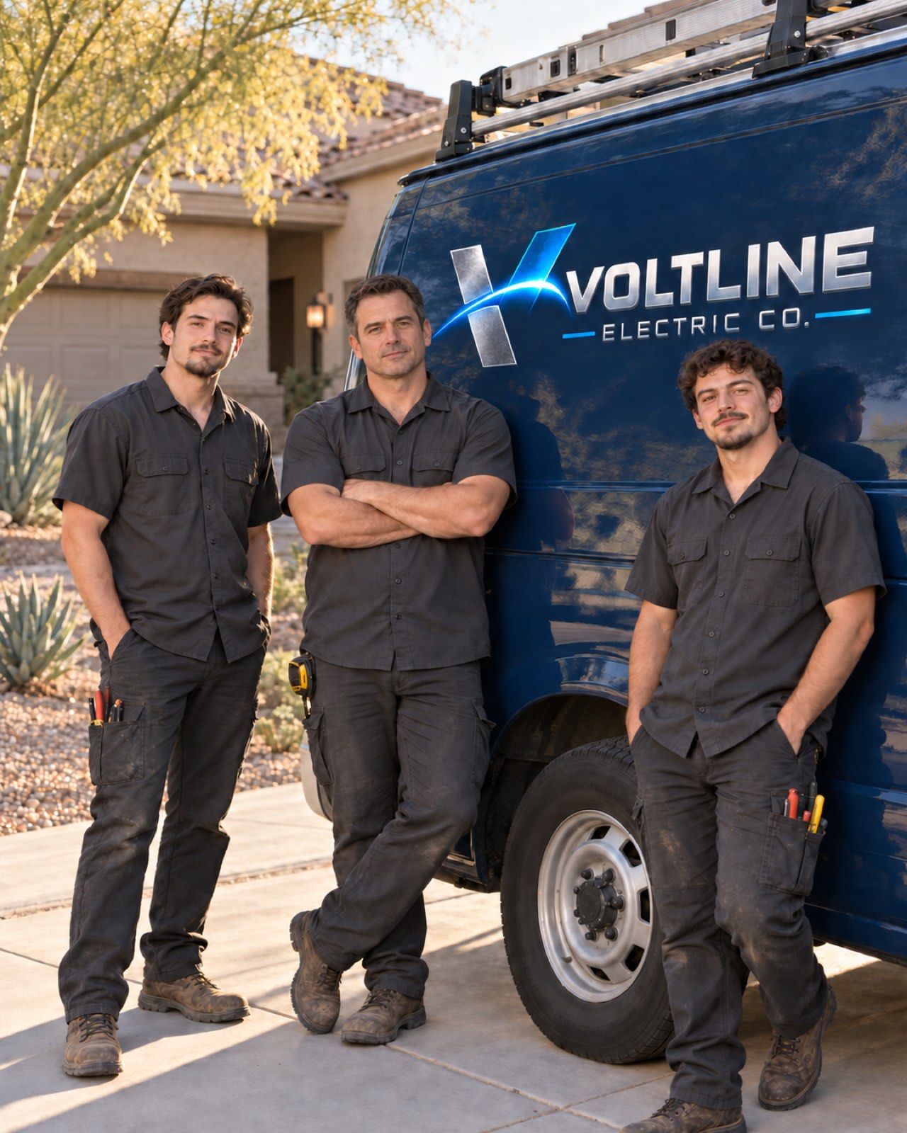 The Voltline owner and crew beside a service van