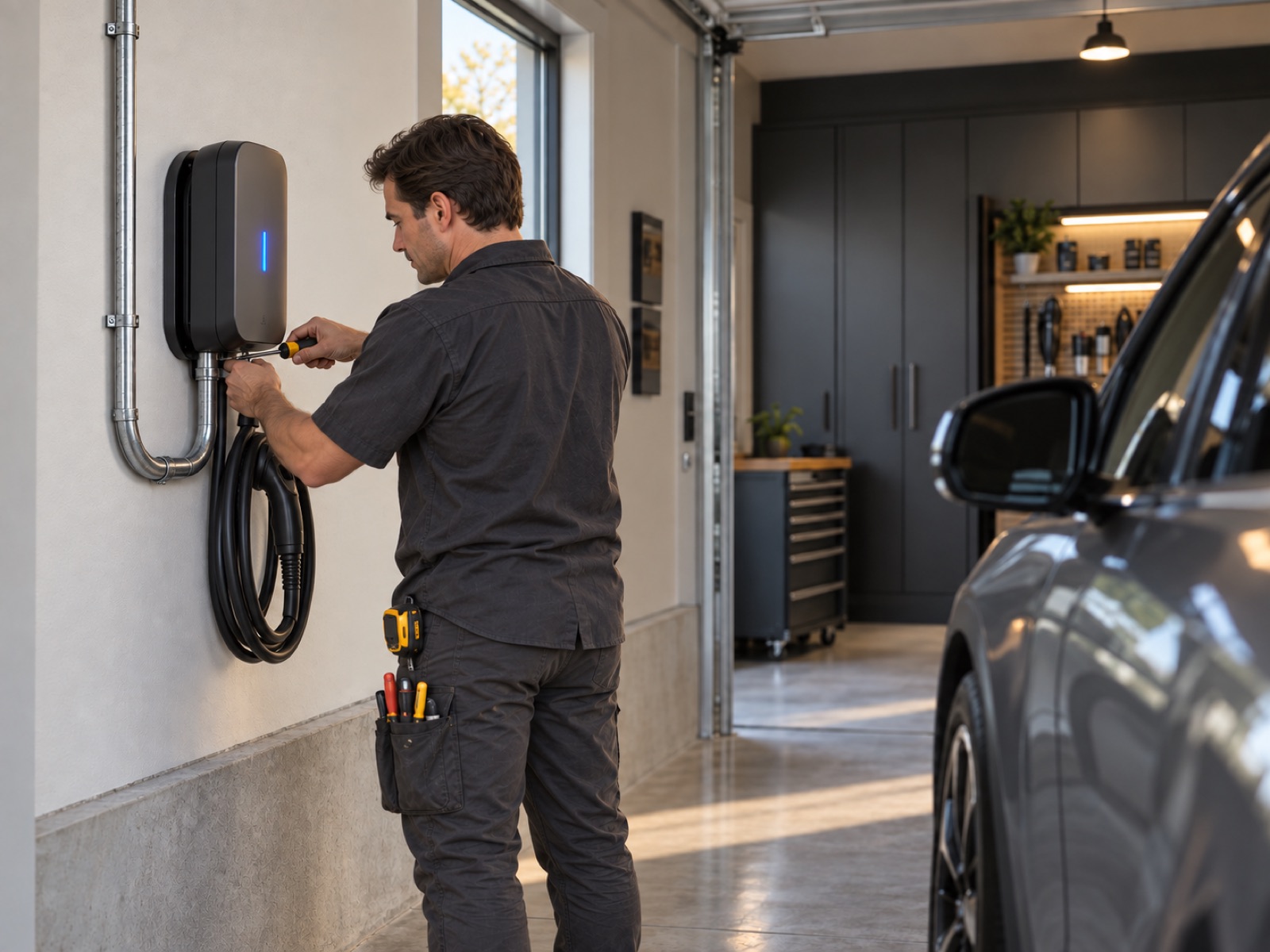 EV charger installed on a garage wall with tidy conduit