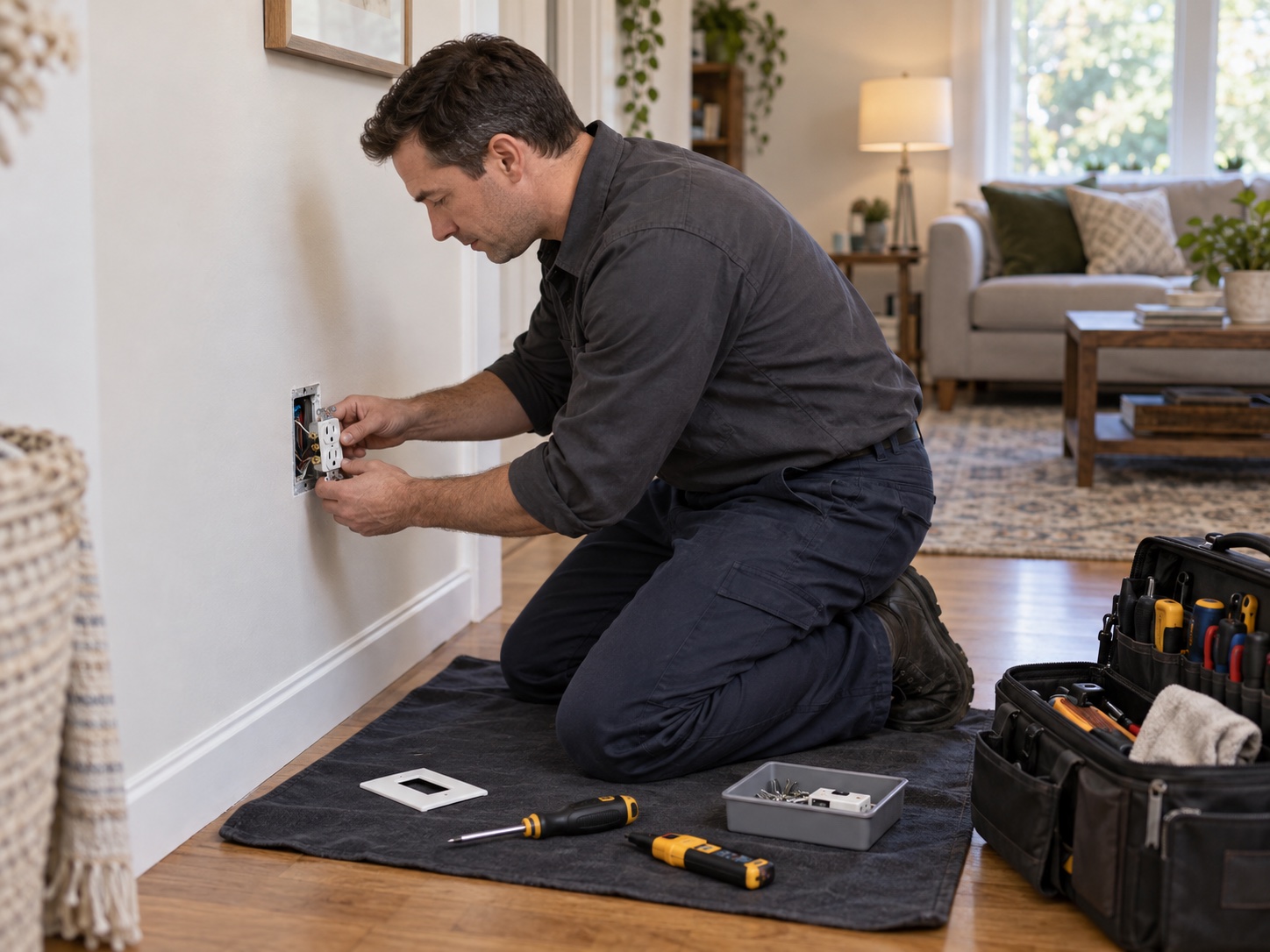 Electrician carefully replacing an outlet on a protective work mat