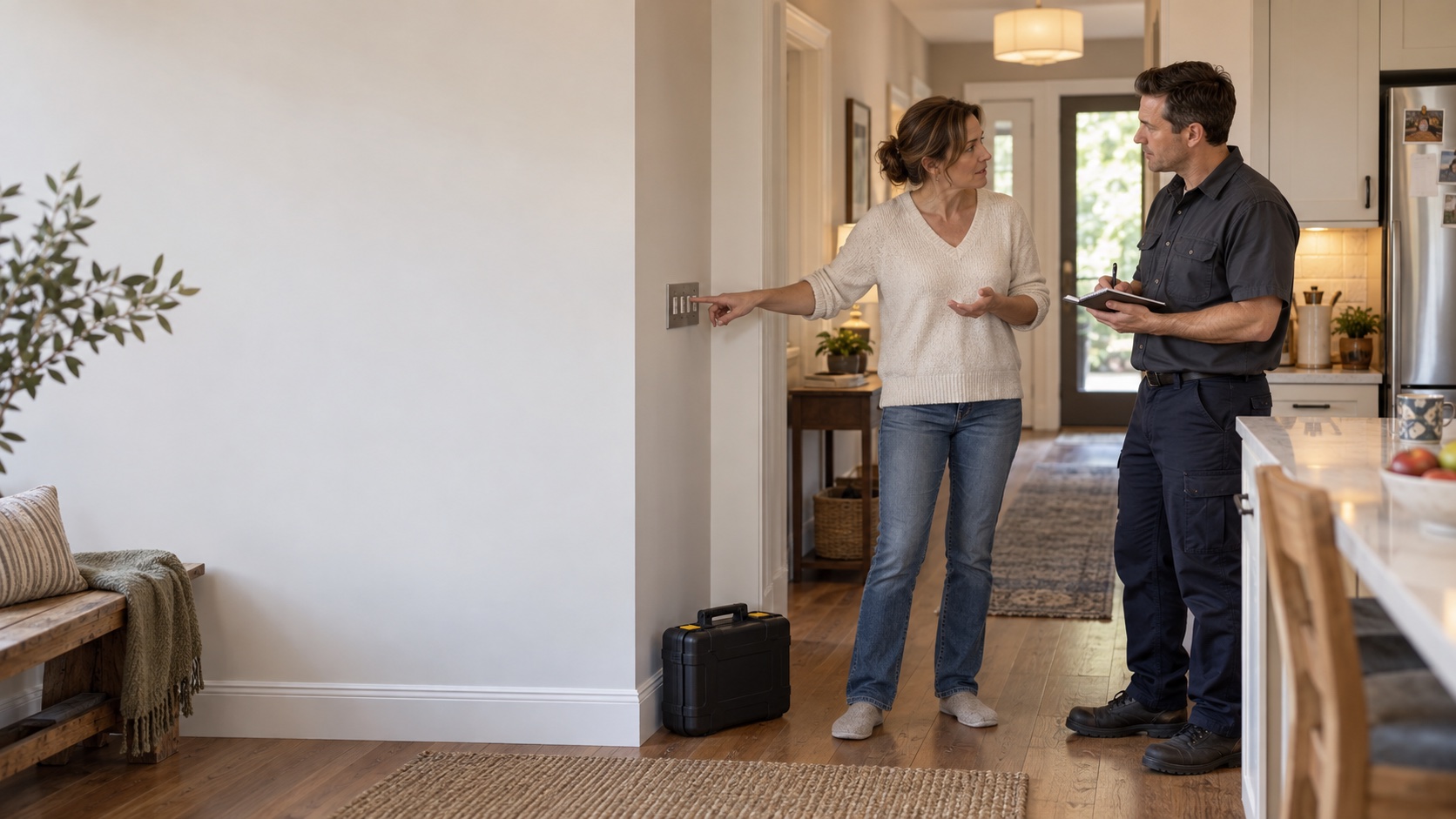 An electrician listening as a homeowner explains an electrical issue