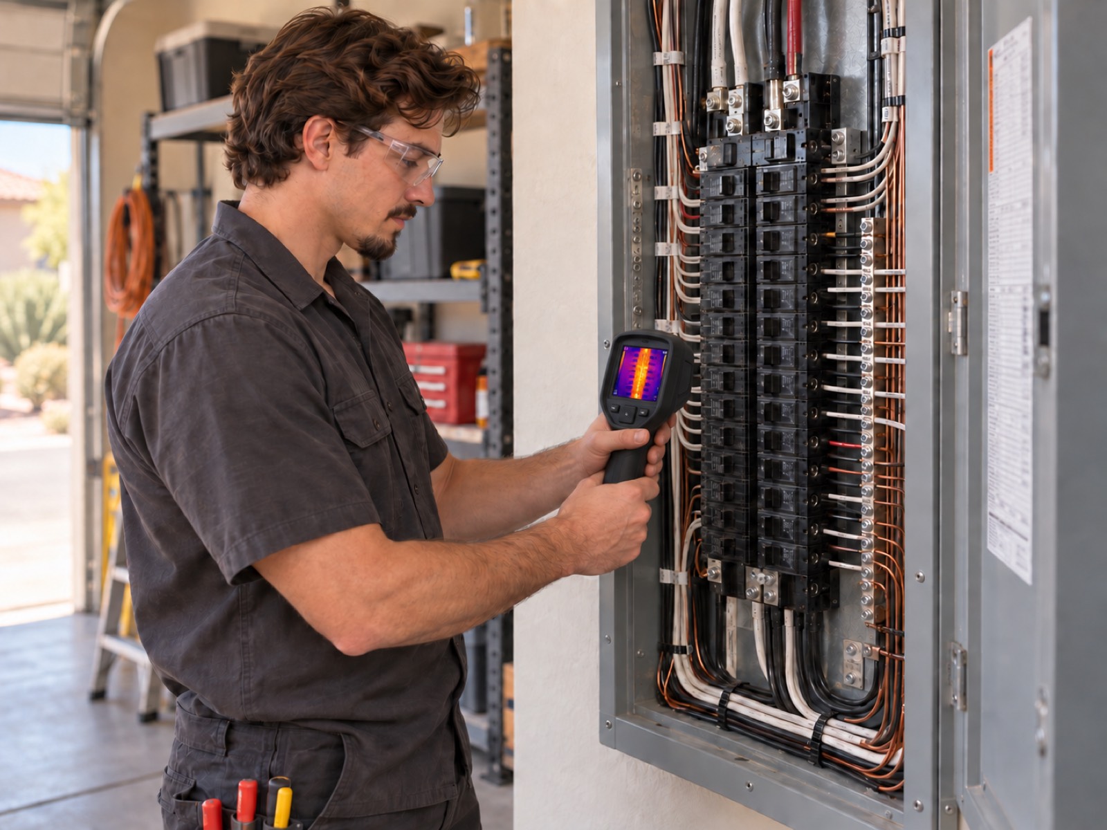 Electrician inspecting an organized residential panel