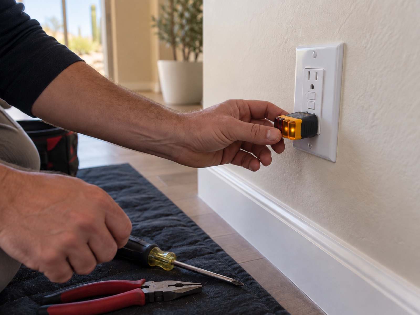 Close-up of a new outlet being tested