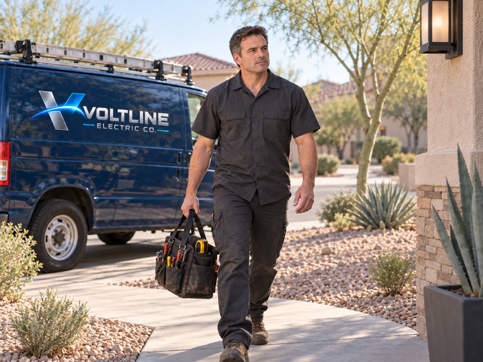 A Voltline service van parked at a home in the morning